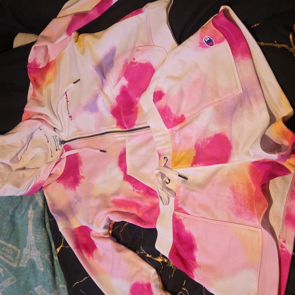 Champion Women's Pink and White Tie-Dye Jacket and Shorts